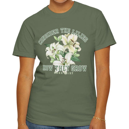 Serene Blossoms - Women's Comfort Colors Tee with 'Consider the Lilies' Inspired by Luke 12:27 - Eddy and Rita 