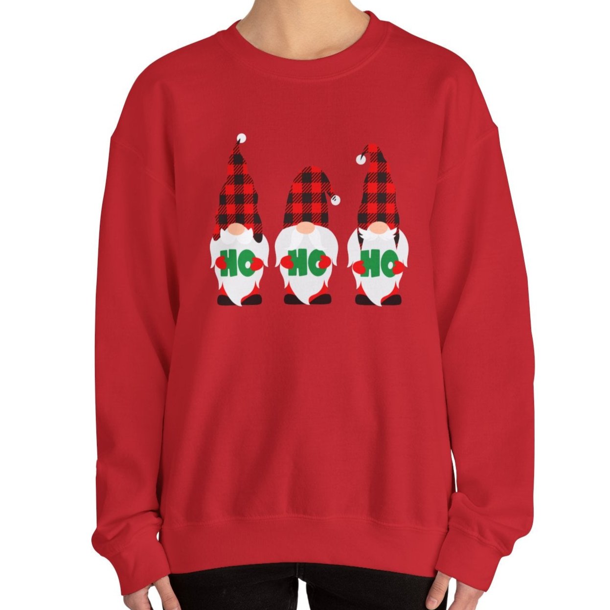 Ho Ho Ho with Three Red and Black Checked Gnomes Women's Sweatshirt - Festive Holiday Fashion