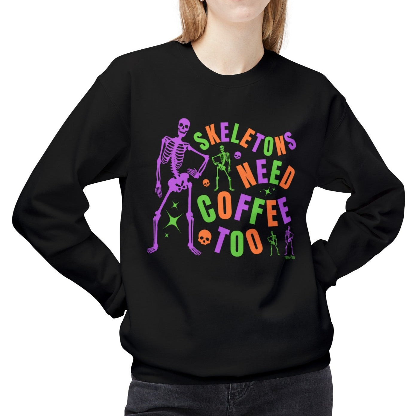 Eddy and Rita Women's Midweight Crewneck Sweatshirt - "Skeletons Need Coffee Too" Halloween Graphic Pullover