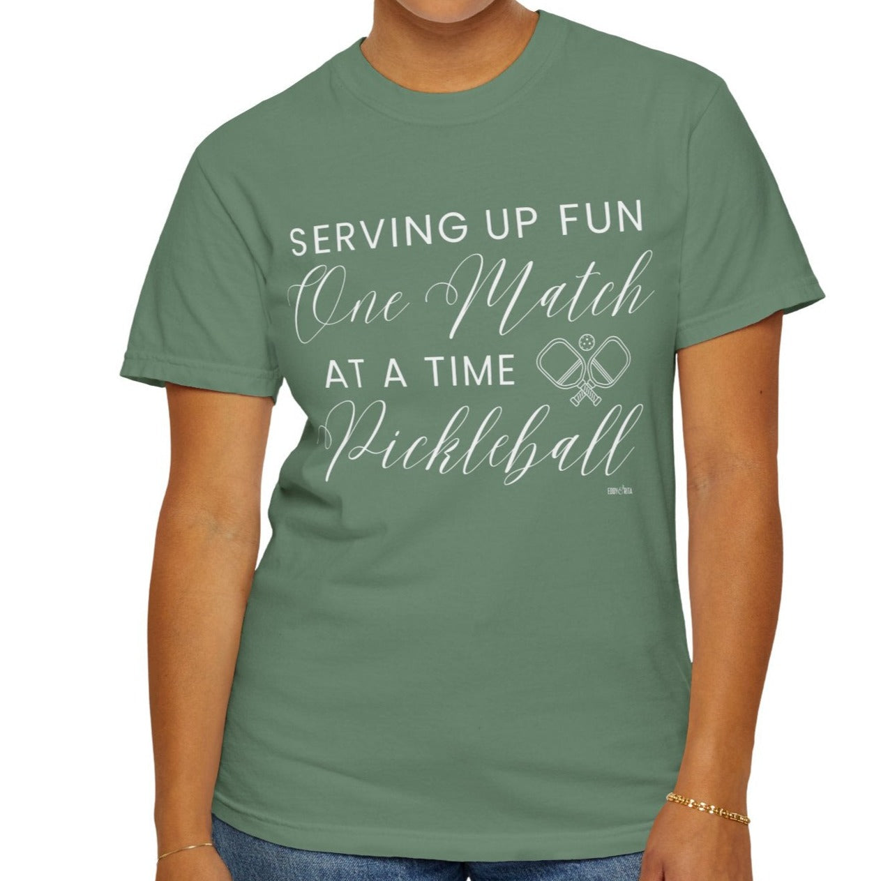 Eddy and Rita Women's Comfort Colors T-Shirt - "Serving Up Fun One Match at a Time Pickleball" Colorful Graphic Tee for Pickleball Enthusiasts