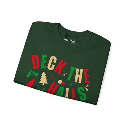 Women's Heavy Sweatshirt – "Deck the Halls" Festive Holiday Graphic Sweatshirt