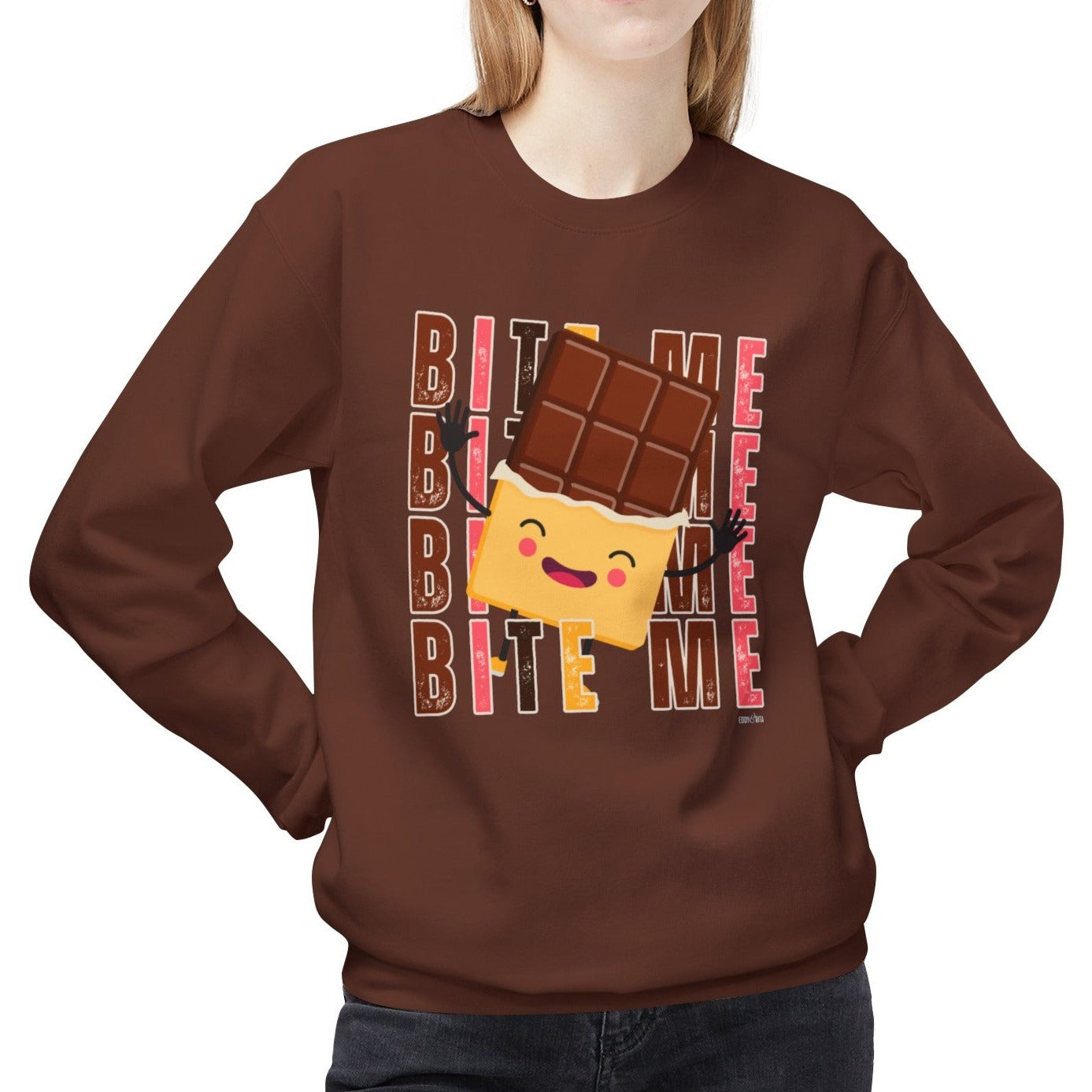 Eddy and Rita Women's Midweight Crewneck Sweatshirt - "Bite Me" Happy Chocolate Bar Graphic Pullover