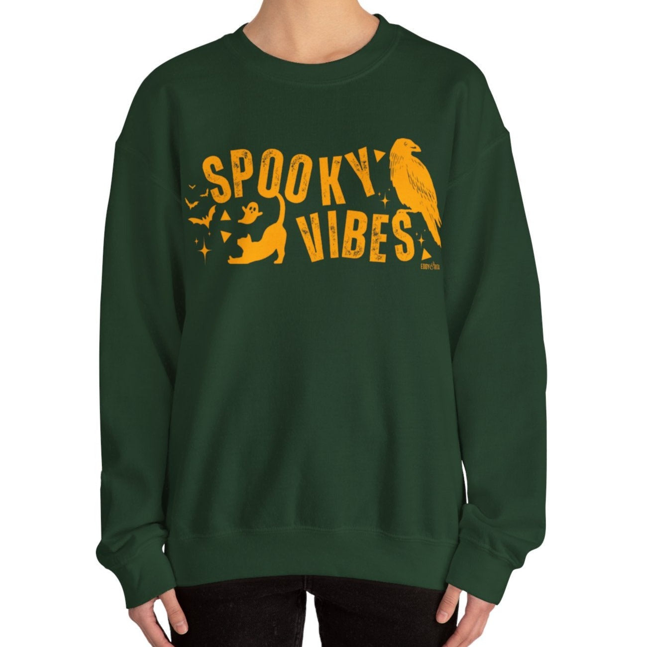 Eddy and Rita Women's Heavy Crewneck Sweatshirt - "Spooky Vibes" Halloween Graphic Pullover