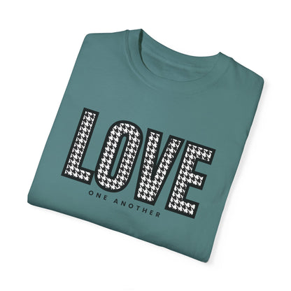 Love One Another Houndstooth Women's Comfort Colors Tee: Cozy Style with Inspirational Charm