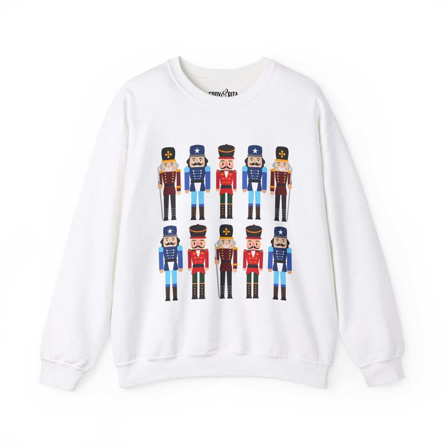 Women's Heavy Sweatshirt – "10 Nutcrackers" Festive Christmas Graphic Sweatshirt