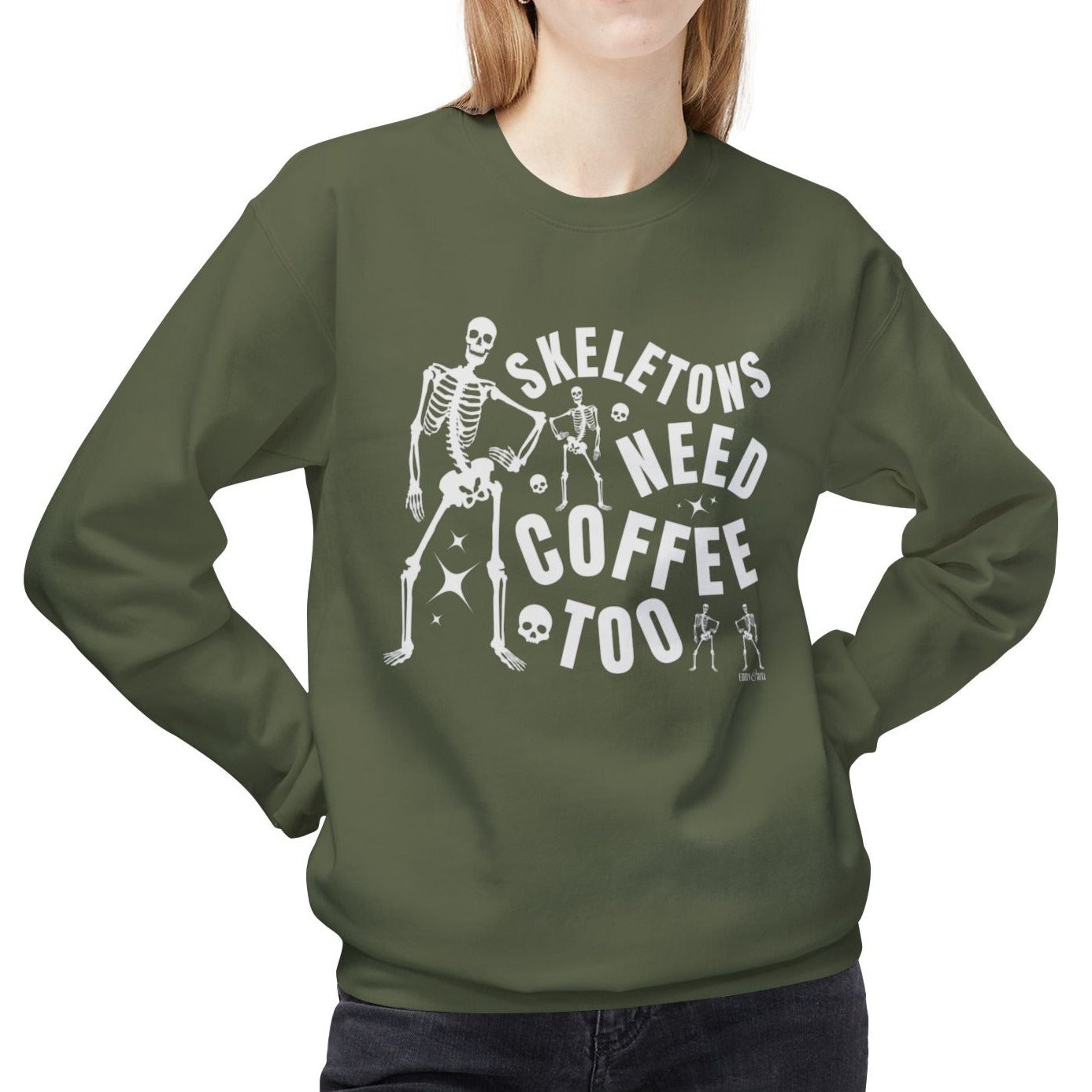 Eddy and Rita Women's Midweight Crewneck Sweatshirt - "Skeletons Need Coffee Too" Halloween Graphic Pullover