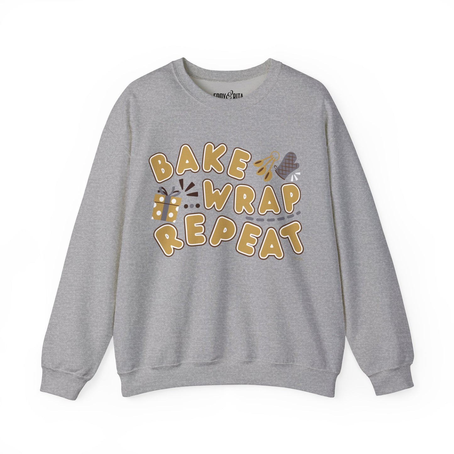 Women's Heavy Sweatshirt – "Bake Wrap Repeat" Fun Holiday Baking and Wrapping Graphic Sweatshirt