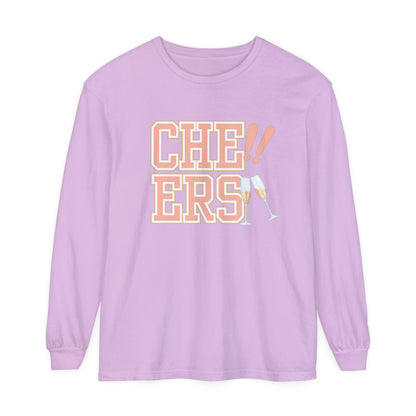 Comfort Colors Women's Cheers Long Sleeve Tee with Champagne Glasses Design - Eddy and Rita