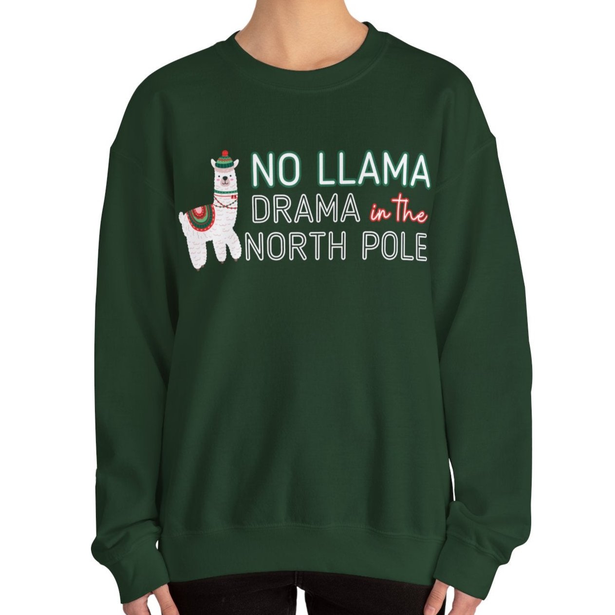 Women's Heavy Sweatshirt – "No Llama Drama in the North Pole" Fun and Festive Christmas Graphic Sweatshirt