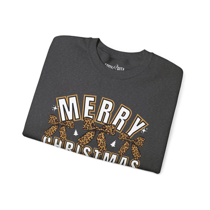 Women’s Heavy Sweatshirt – “Merry Christmas” with Leopard Print Bows | Cozy and Stylish Holiday Apparel