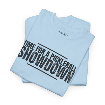 Eddy and Rita Men's Heavy Cotton T-Shirt - "Time for a Pickleball Showdown" Graphic Tee for Pickleball Enthusiasts