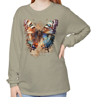 Women's Comfort Colors Long Sleeve Tee: 'Strength in Change' Butterfly - Eddy and Rita