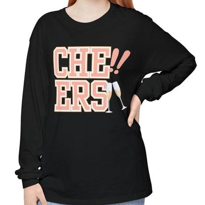 Comfort Colors Women's Cheers Long Sleeve Tee with Champagne Glasses Design - Eddy and Rita