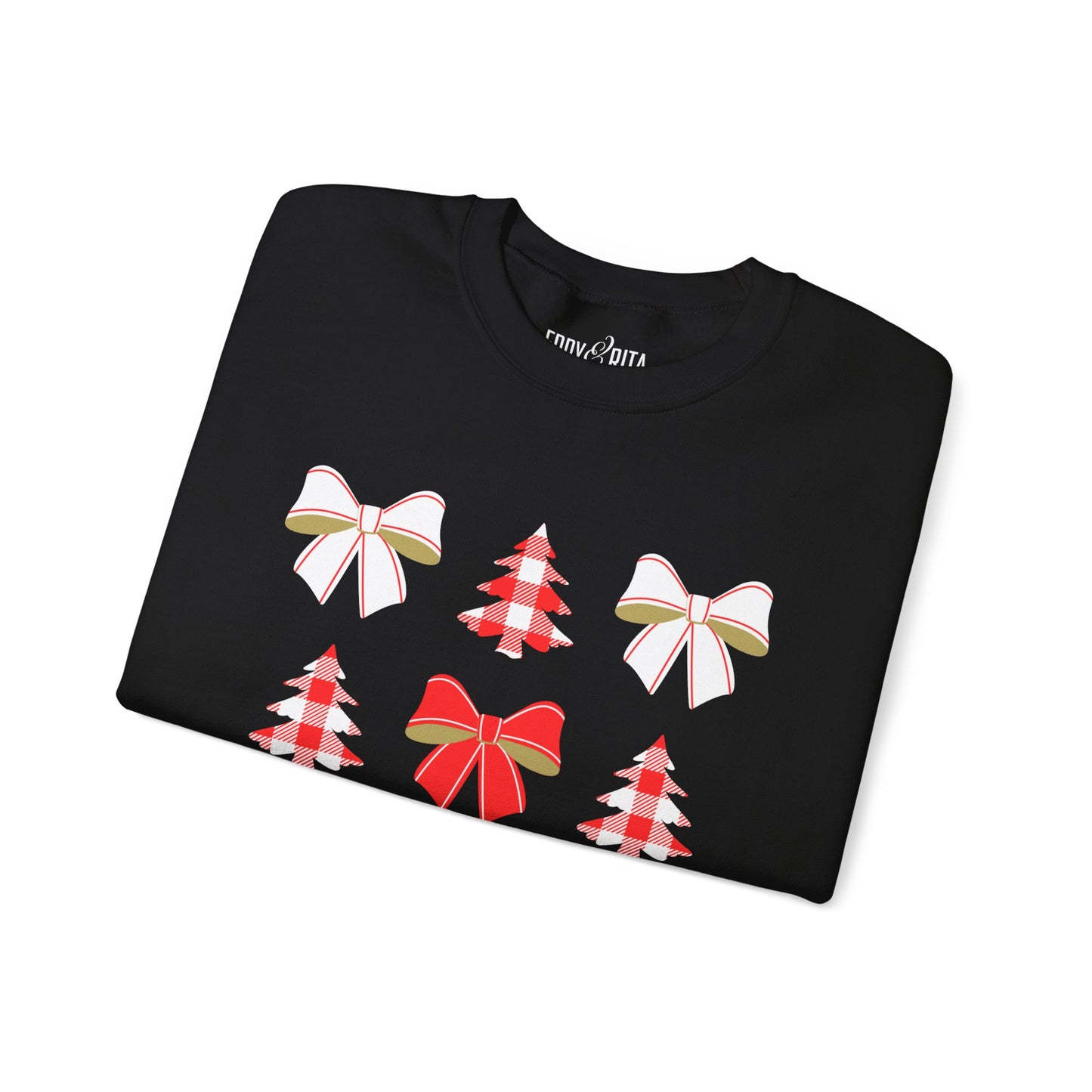 Women's Heavy Sweatshirt – "Christmas Trees and Bows" Festive Holiday Graphic Sweatshirt