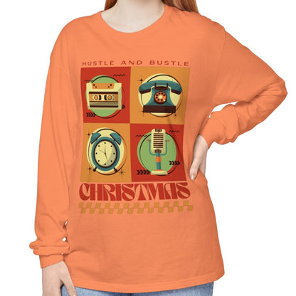 Women's Retro Christmas Tee: 'Hustle and Bustle Christmas' - Comfort Colors Long Sleeve, Cozy Festive Fashion for Seasonal Joy! - Eddy and Rita