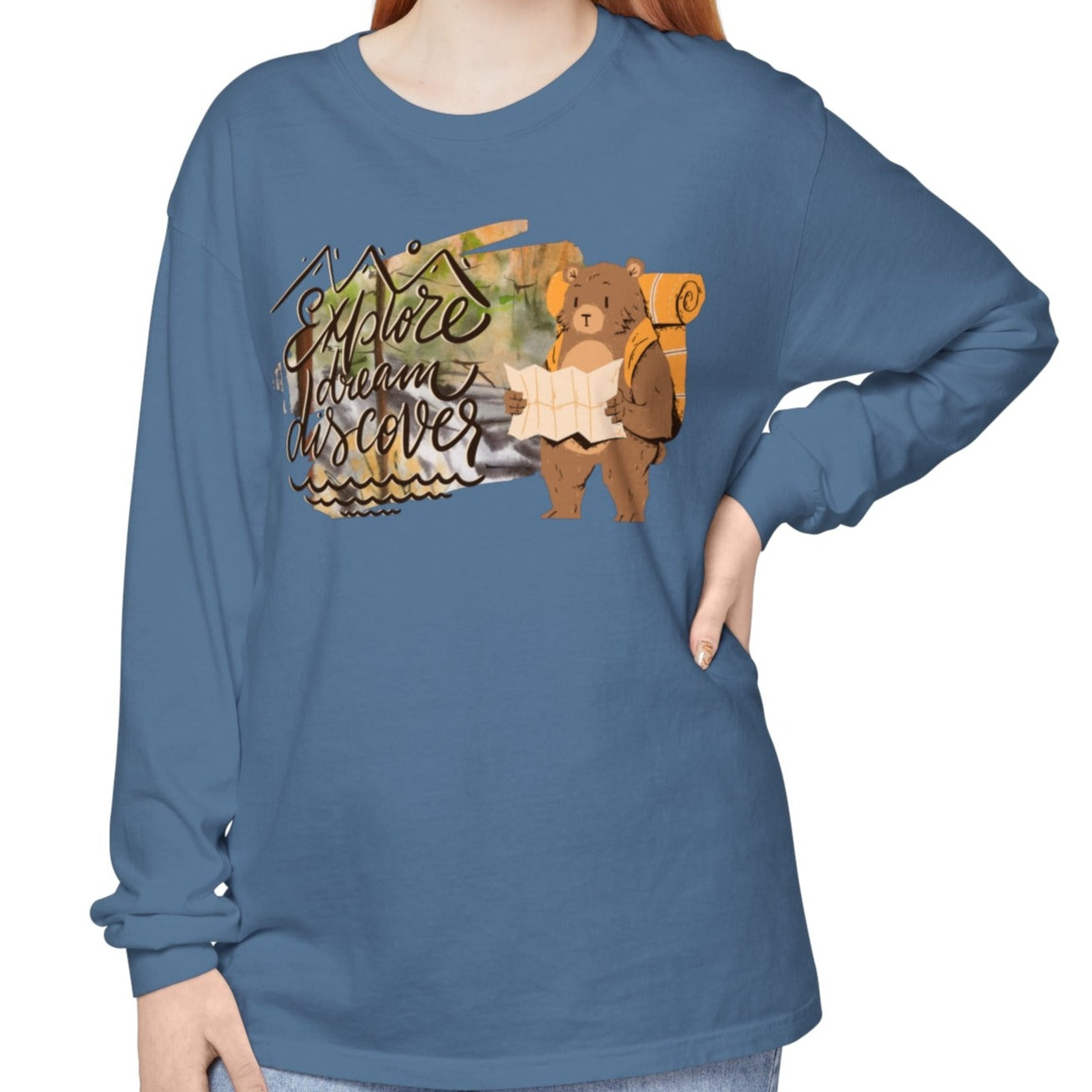 Women's Comfort Colors Long Sleeve Tee: 'Explore, Dream, Explore' with Backpacking Bear - Eddy and Rita