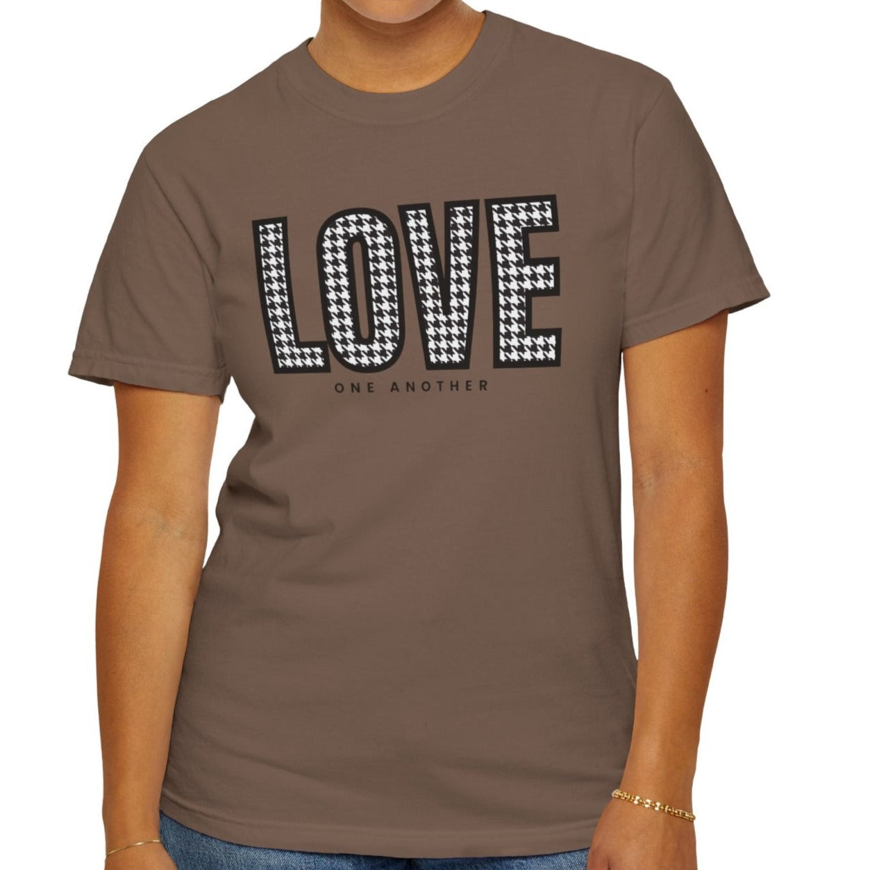 Love One Another Houndstooth Women's Comfort Colors Tee: Cozy Style with Inspirational Charm - Eddy and Rita