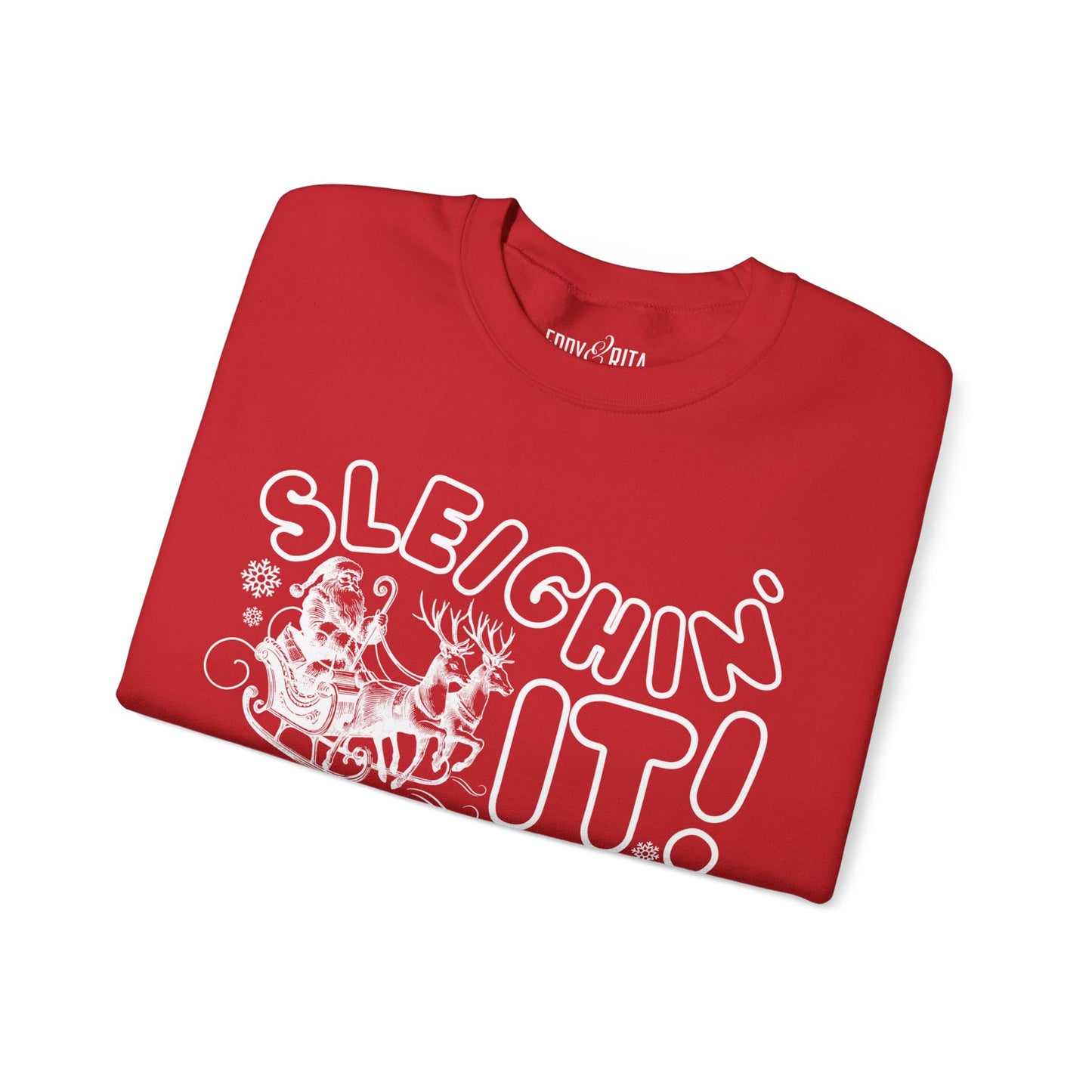 Women's Heavy Sweatshirt – "Sleighin It" Fun and Festive Christmas Graphic Sweatshirt