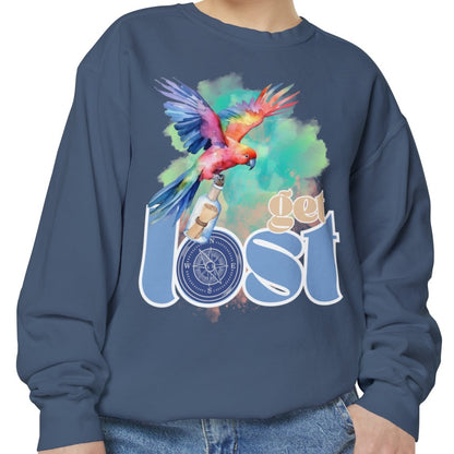 Get Lost Women's Long Sleeve Comfort Colors Sweatshirt with Tropical Bird Design - Eddy and Rita