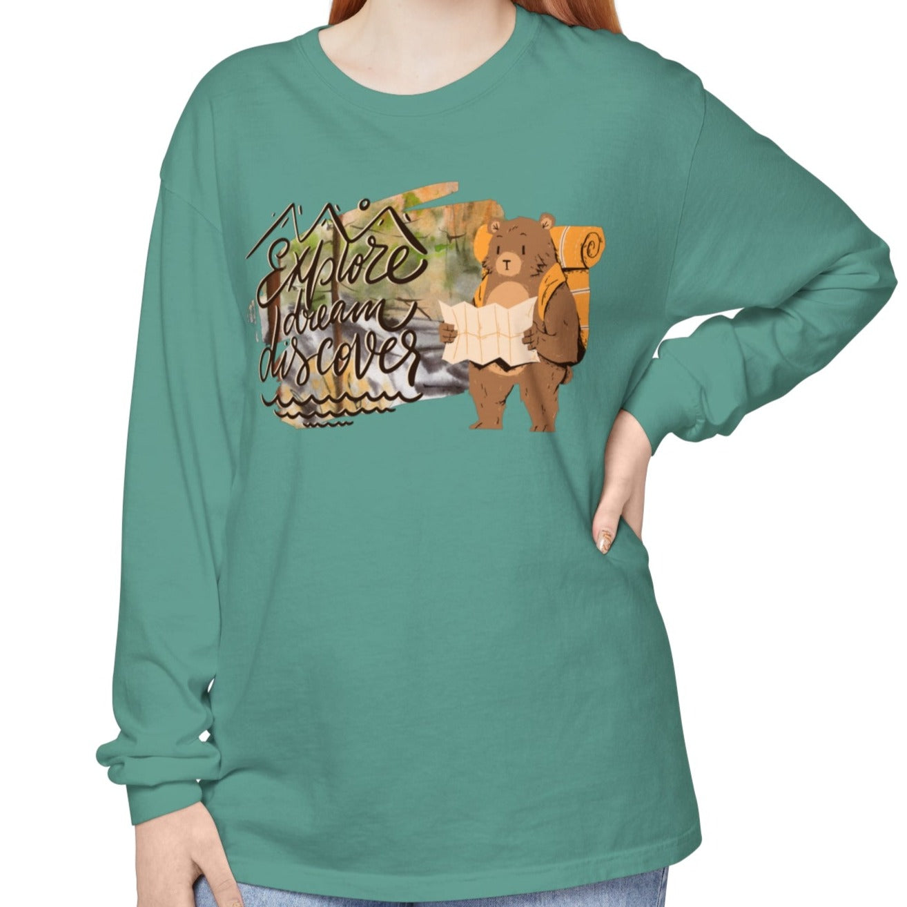 Women's Comfort Colors Long Sleeve Tee: 'Explore, Dream, Explore' with Backpacking Bear - Eddy and Rita