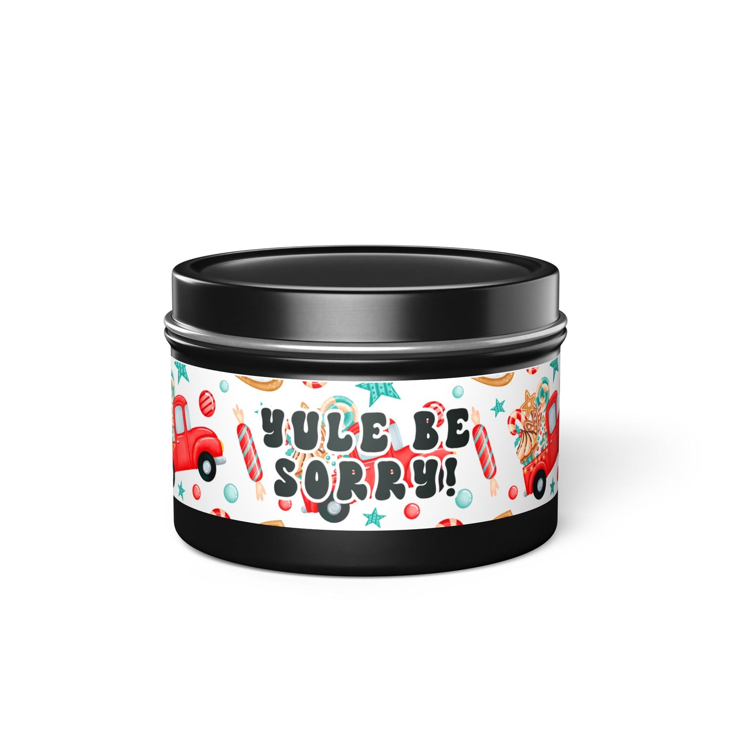 Coffee Scented Tin Candle – 4 oz | “Yule Be Sorry” Red Christmas Trucks Design | Fun and Festive Stocking Stuffer Gift