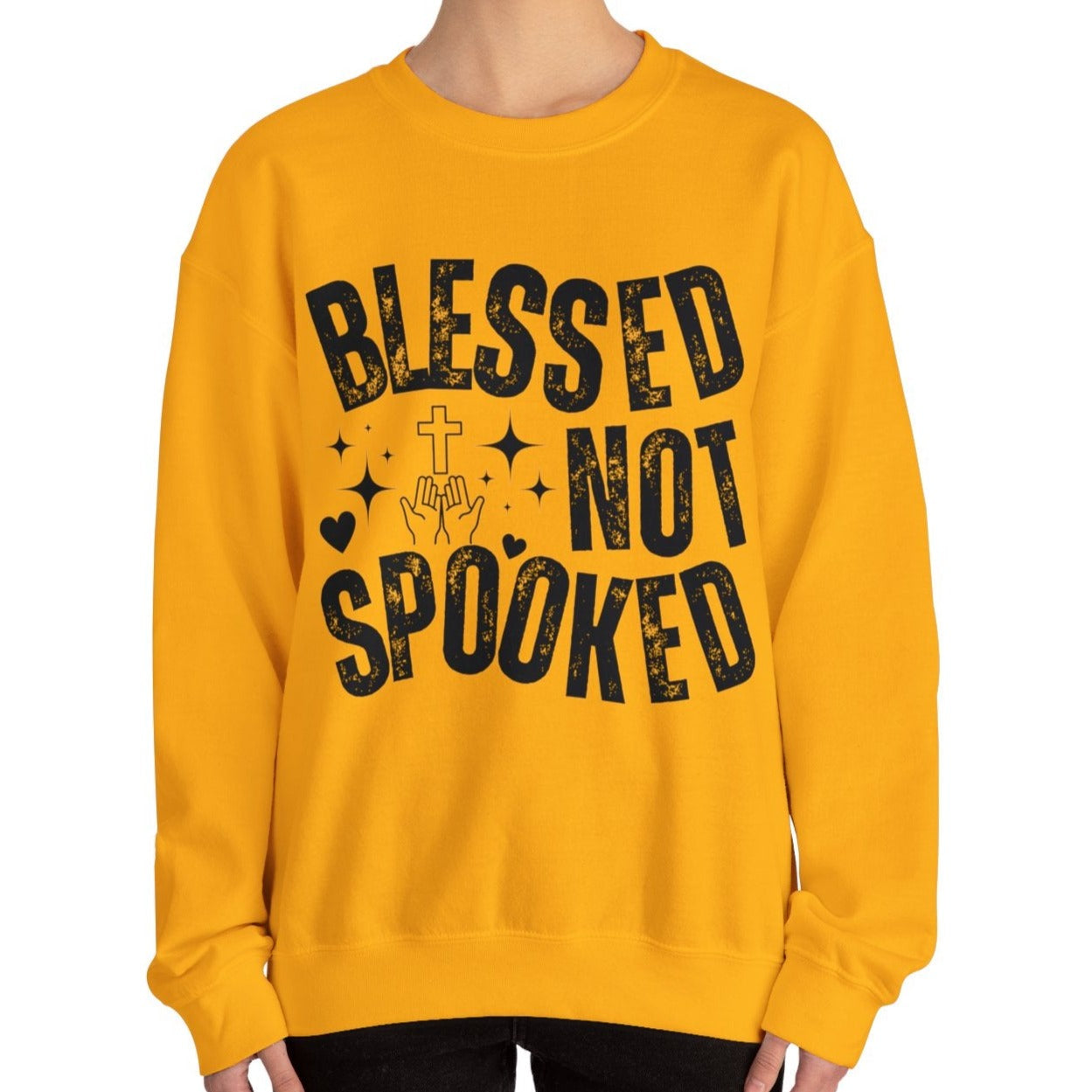 Eddy and Rita Women's Heavy Crewneck Sweatshirt - "Blessed Not Spooked" Christian Halloween Graphic Pullover