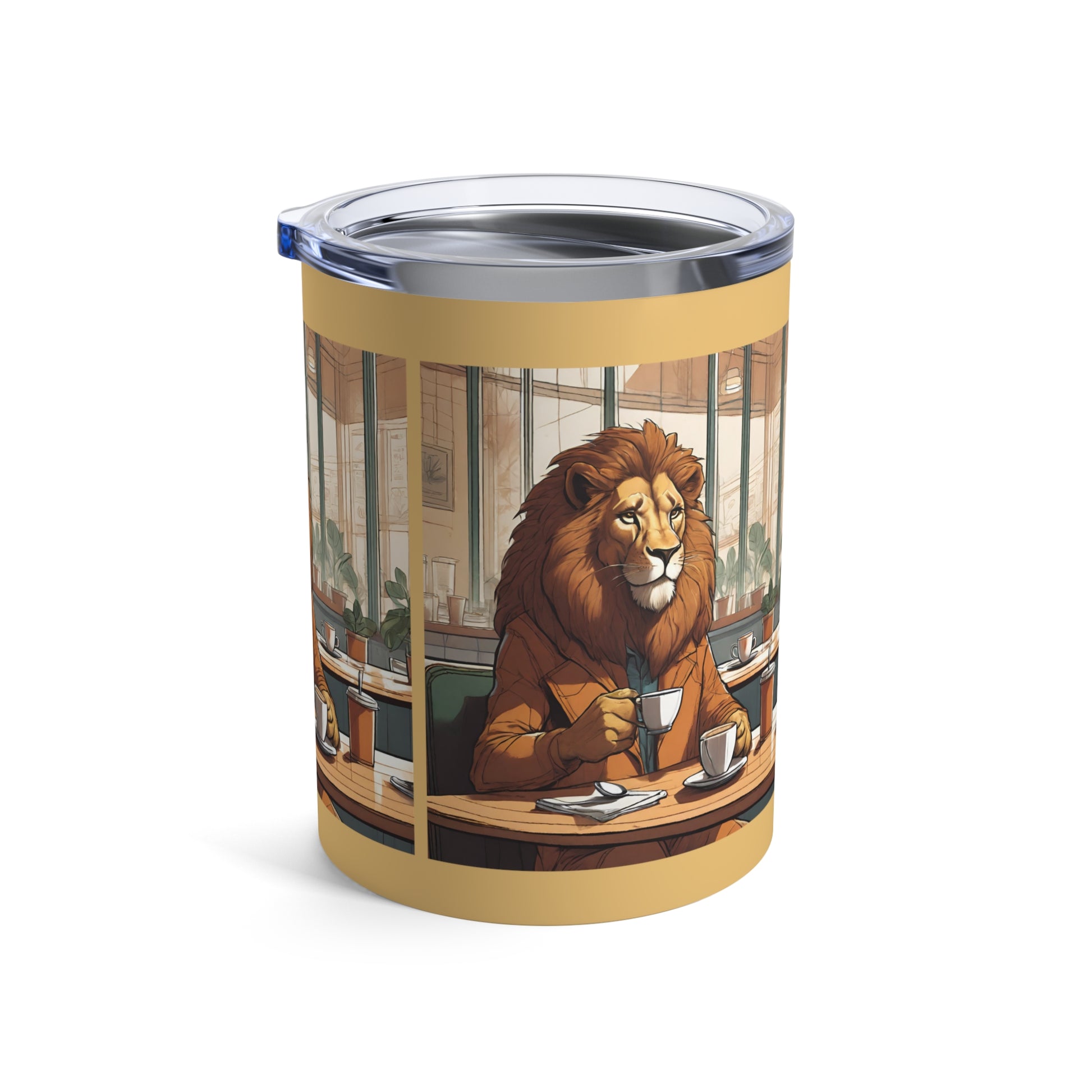 Lion Brews Elegance: 10 oz Stainless Tumbler for Coffee Enthusiasts - Unique Cafe Scene Design - Eddy and Rita