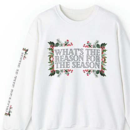 What's the Reason for the Season? Women's Garland Sweatshirt with 'Jesus Is the Reason' Sleeve Detail - Eddy and Rita