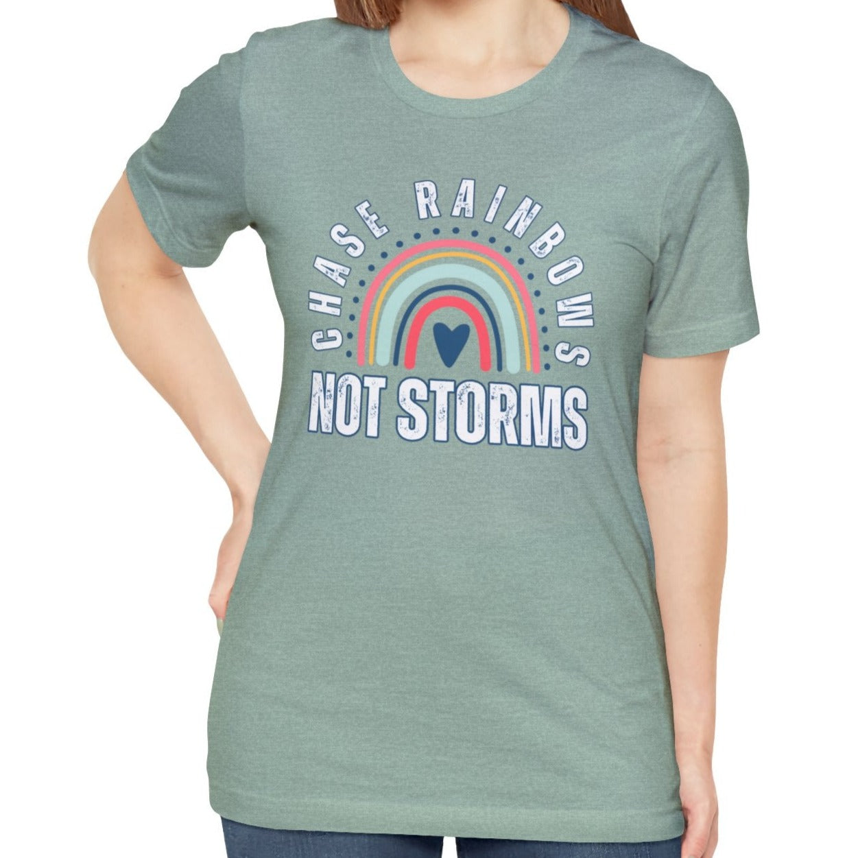 Chase Rainbows, Not Storms - Women's Bella Canvas Jersey Tee for Comfort and Positivity - Eddy and Rita