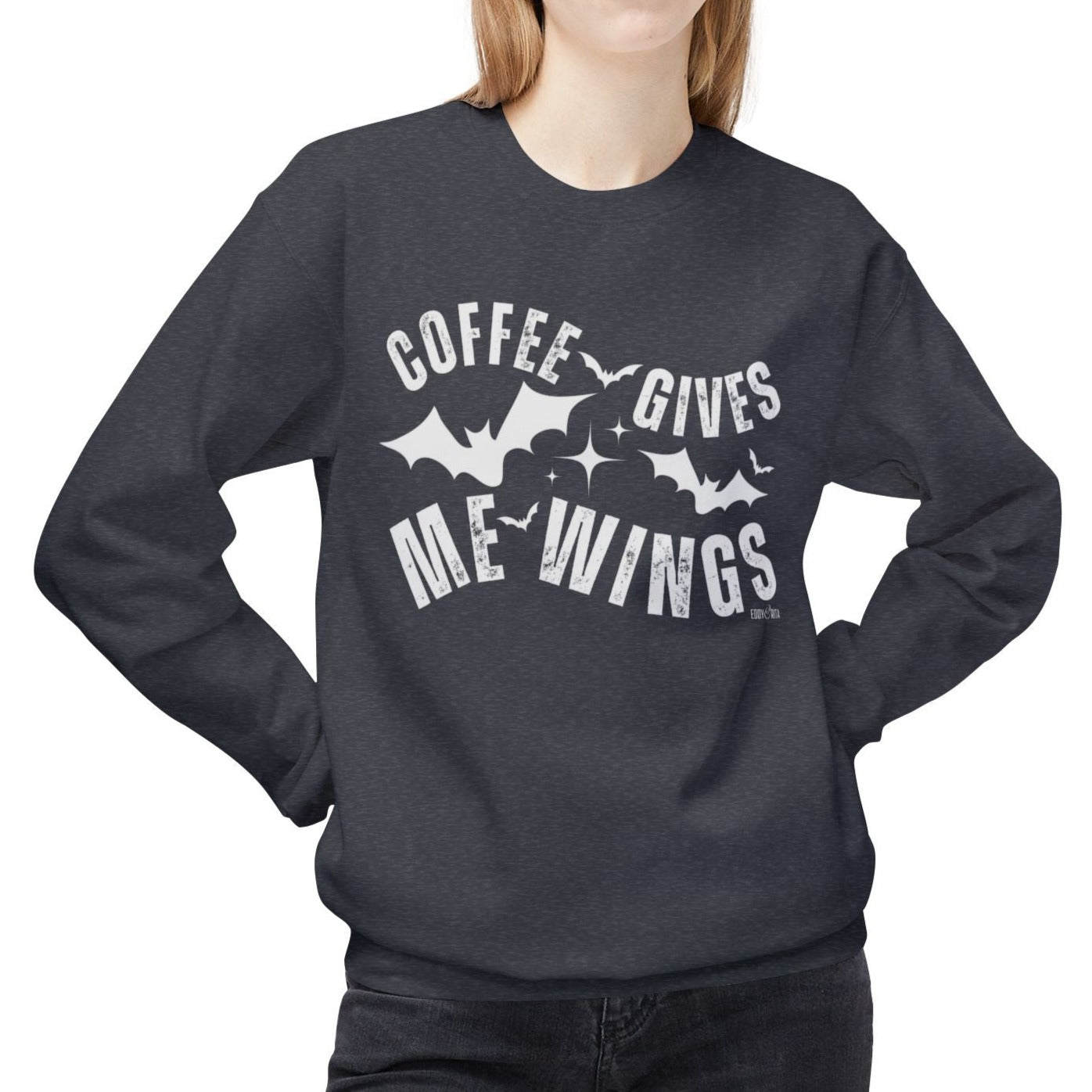 Eddy and Rita Women's Midweight Crewneck Sweatshirt - "Coffee Gives Me Wings" Halloween Bat Graphic Pullover