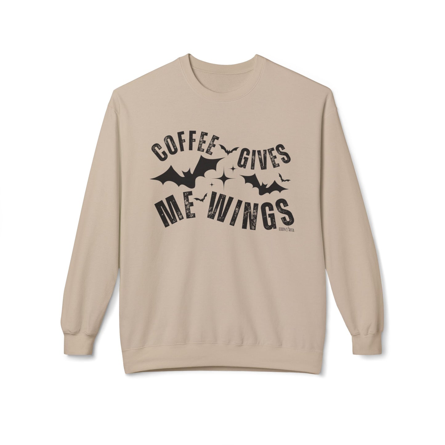 Eddy and Rita Women's Midweight Crewneck Sweatshirt - "Coffee Gives Me Wings" Halloween Bat Graphic Pullover