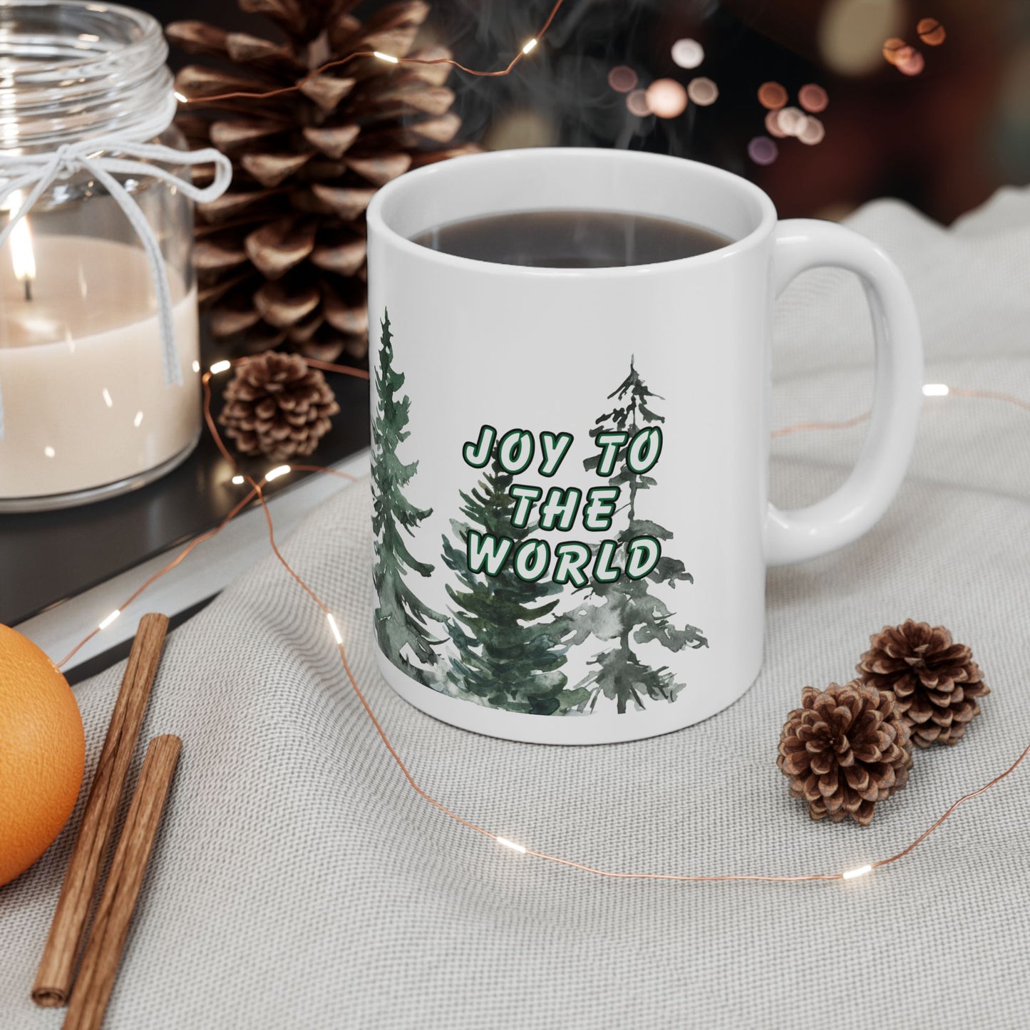 11 oz Ceramic Coffee Mug - "Joy to the World" with Spruce Trees Design | Festive Holiday Coffee Cup for Christmas Cheer