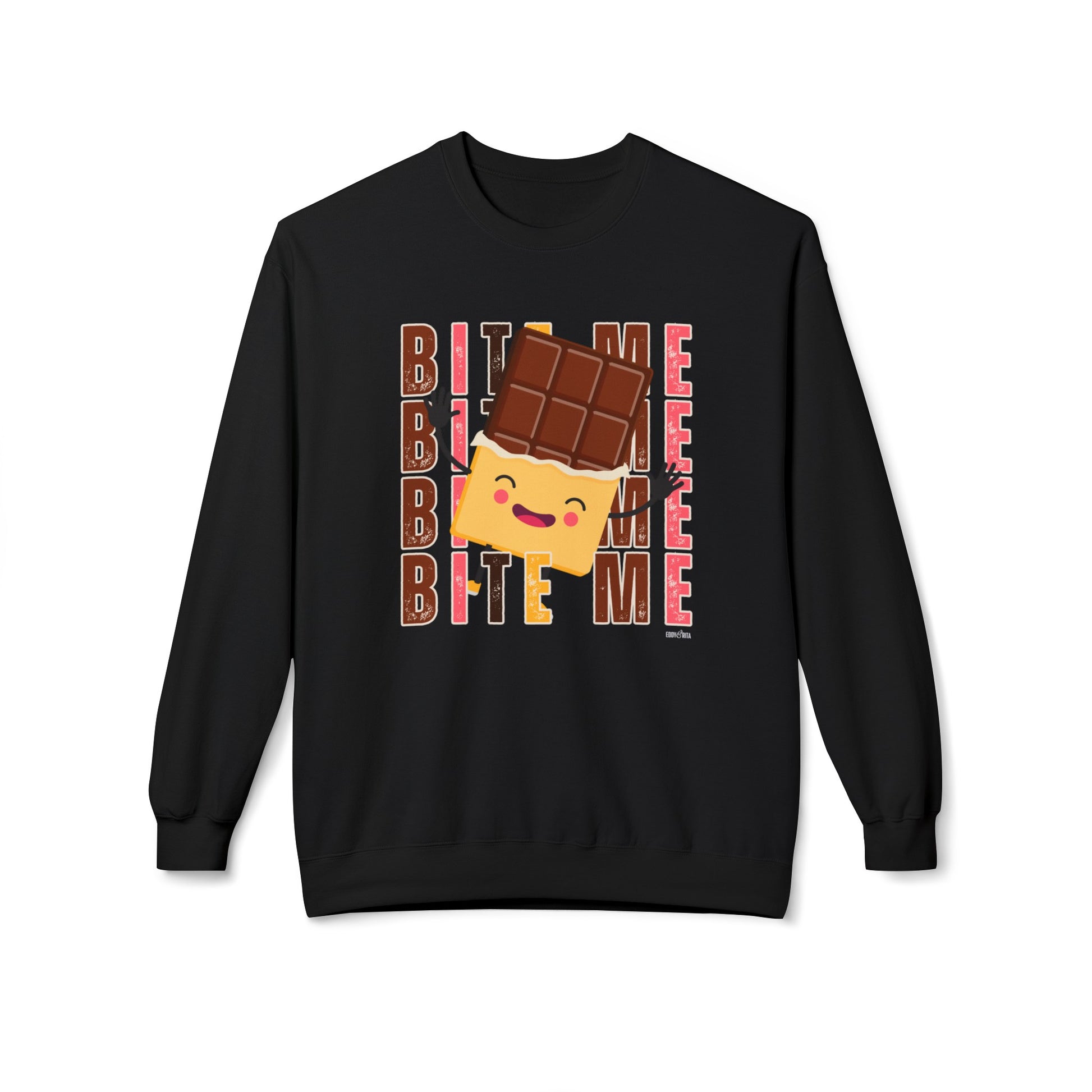 Eddy and Rita Women's Midweight Crewneck Sweatshirt - "Bite Me" Happy Chocolate Bar Graphic Pullover