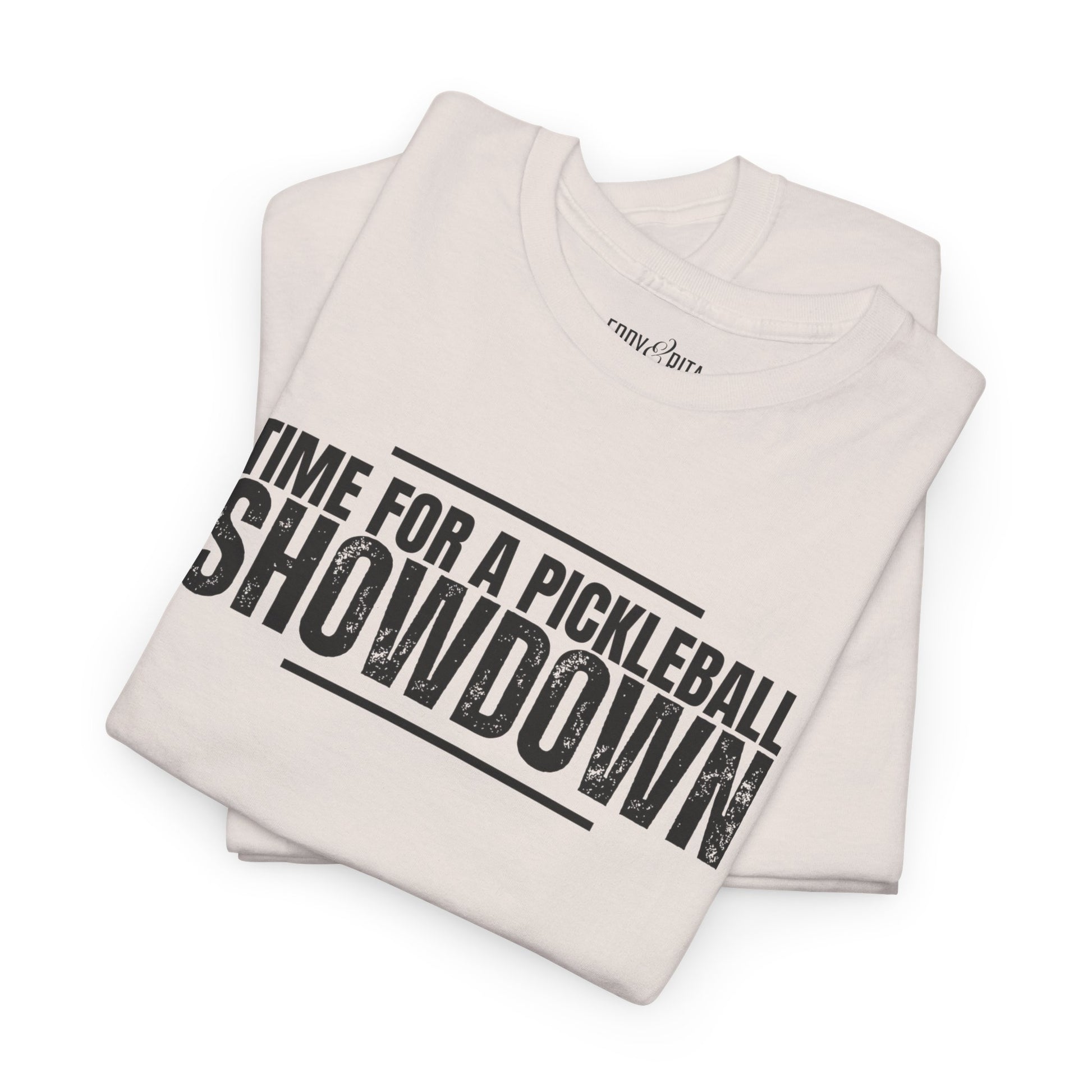 Eddy and Rita Men's Heavy Cotton T-Shirt - "Time for a Pickleball Showdown" Graphic Tee for Pickleball Enthusiasts