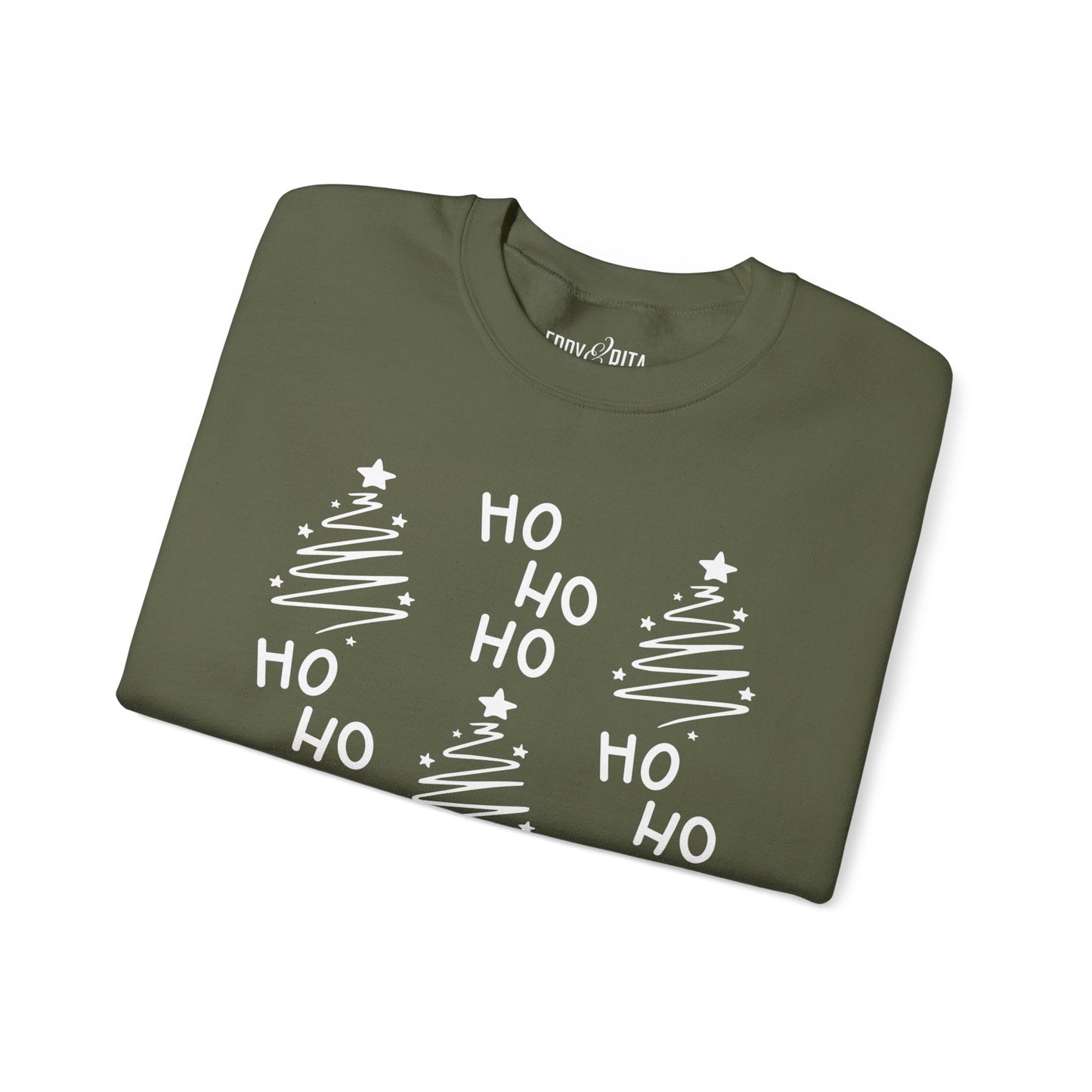 Women's Heavy Sweatshirt – "Ho Ho Ho Christmas Tree" Festive Holiday Graphic Sweatshirt