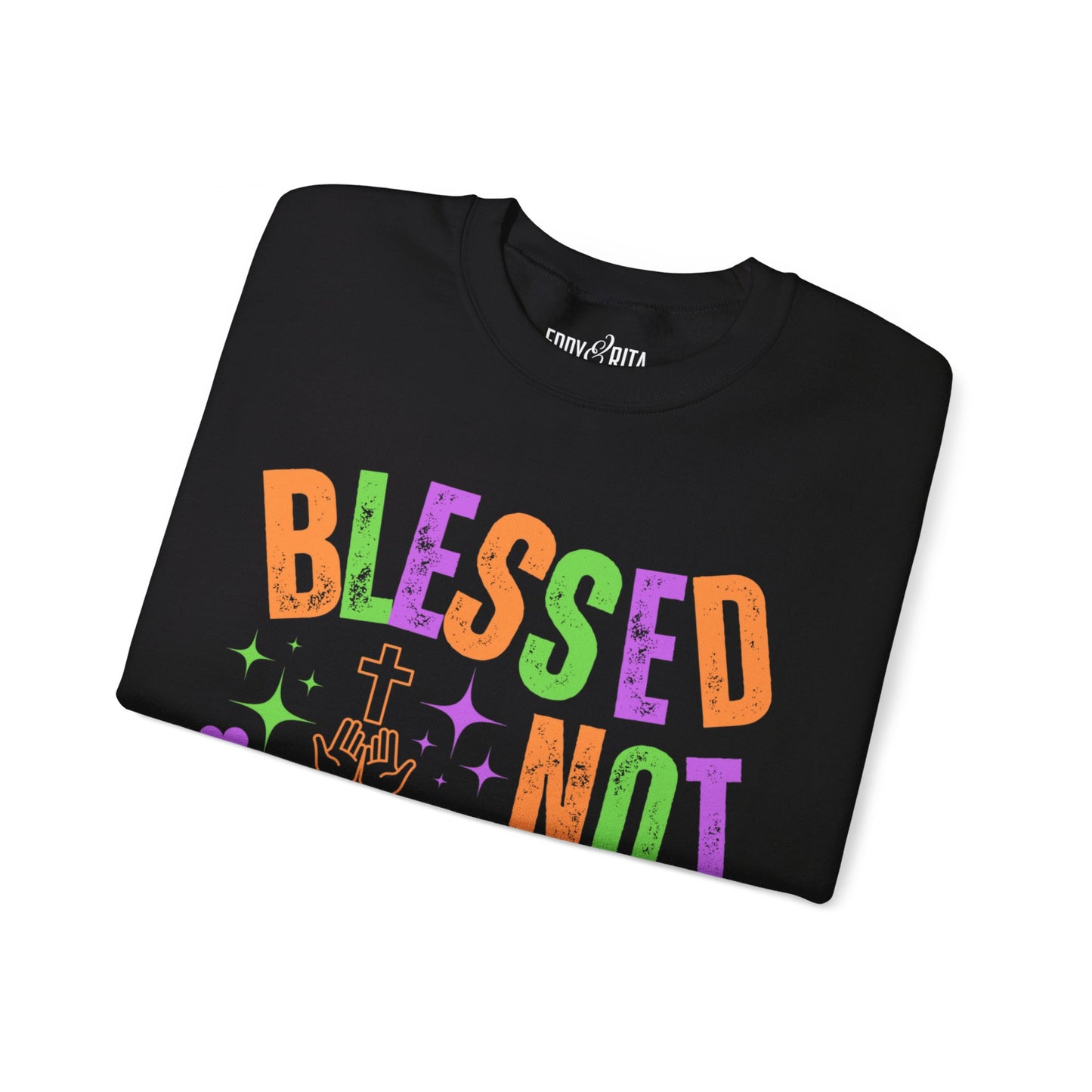 Eddy and Rita Women's Heavy Crewneck Sweatshirt - "Blessed Not Spooked" Christian Halloween Graphic Pullover