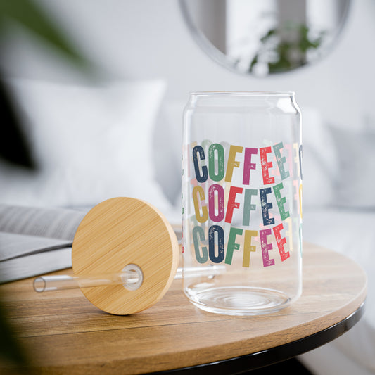 Coffee Coffee Coffee Sipper Glass with Lid, 16oz