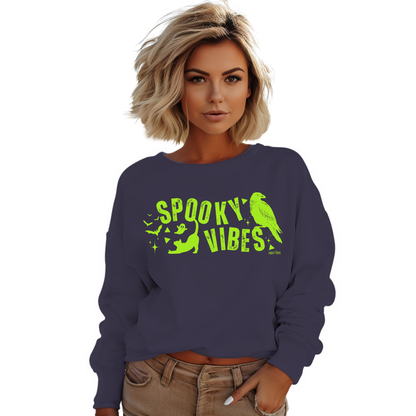 Eddy and Rita Women's Heavy Crewneck Sweatshirt - "Spooky Vibes" Halloween Graphic Pullover