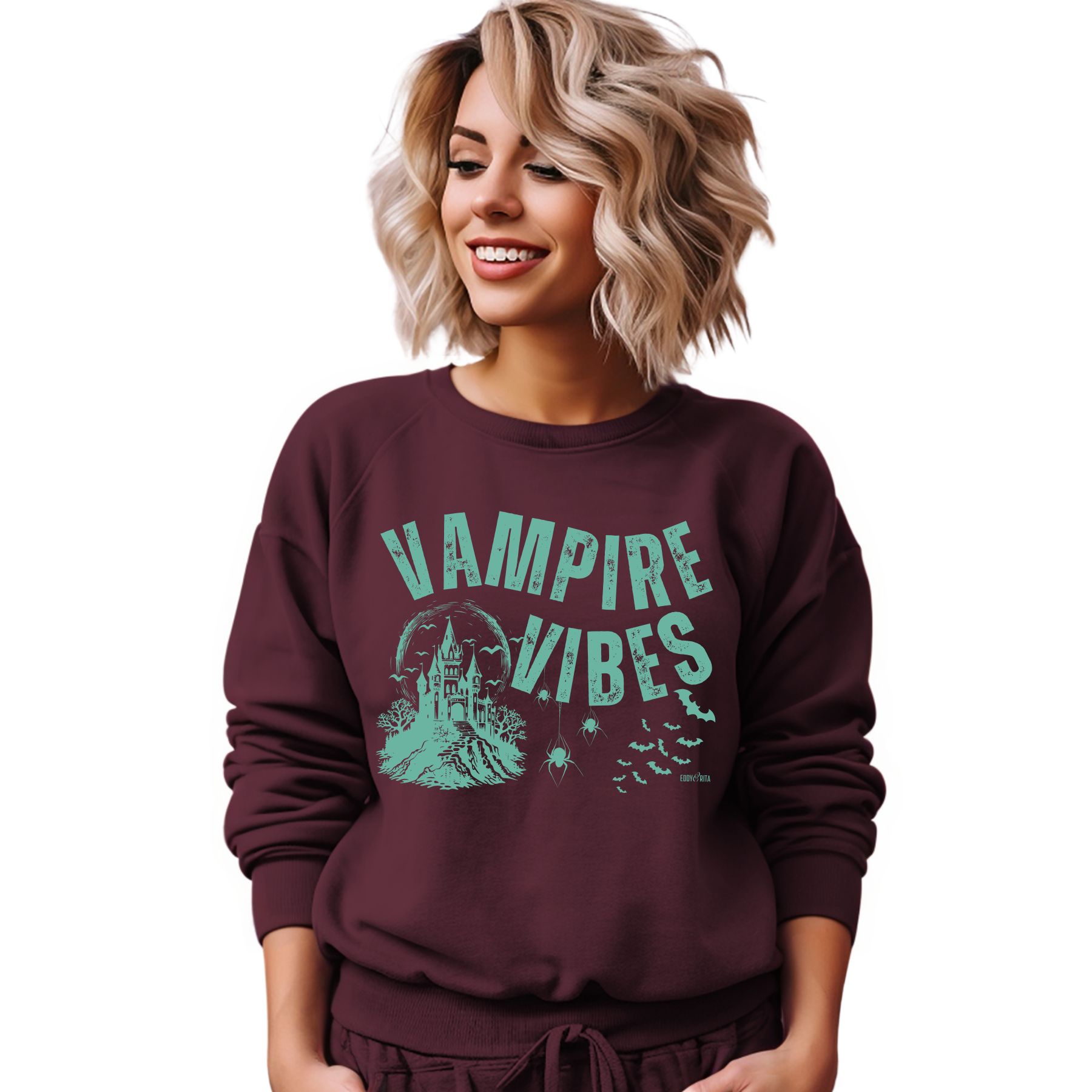 Eddy and Rita Women's Heavy Crewneck Sweatshirt - "Vampire Vibes" Halloween Graphic Pullover