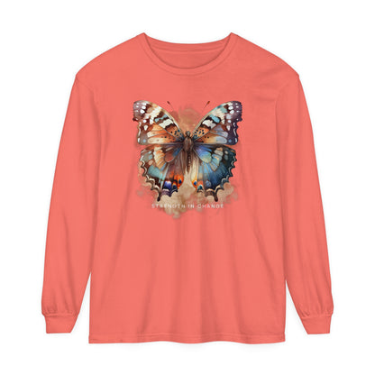 Women's Comfort Colors Long Sleeve Tee: 'Strength in Change' Butterfly - Eddy and Rita