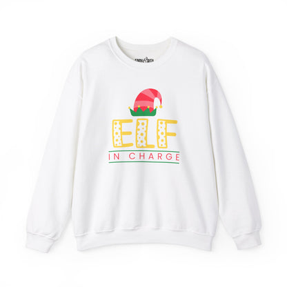 Women's Heavy Sweatshirt – "Elf In Charge" Fun Christmas Graphic Sweatshirt