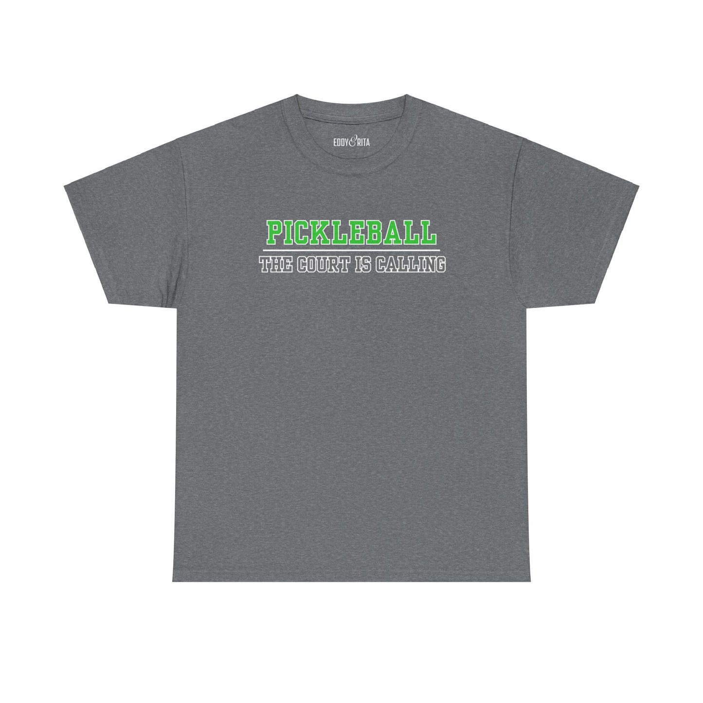 Eddy and Rita Men's Heavy Cotton T-Shirt - "Pickleball The Court is Calling" Graphic Tee for Pickleball Enthusiasts