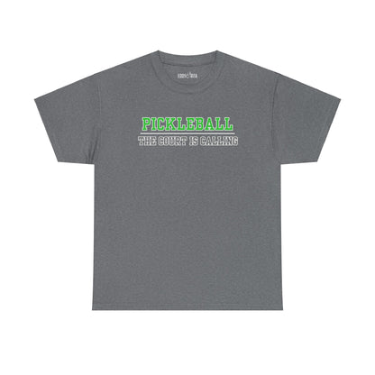 Eddy and Rita Men's Heavy Cotton T-Shirt - "Pickleball The Court is Calling" Graphic Tee for Pickleball Enthusiasts