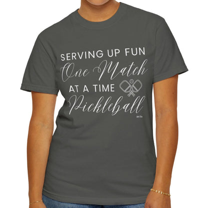 Eddy and Rita Women's Comfort Colors T-Shirt - "Serving Up Fun One Match at a Time Pickleball" Colorful Graphic Tee for Pickleball Enthusiasts