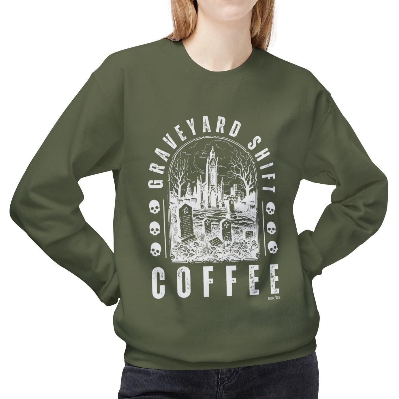 Eddy and Rita Women's Midweight Crewneck Sweatshirt - "Graveyard Shift Coffee" Halloween Graphic Pullover