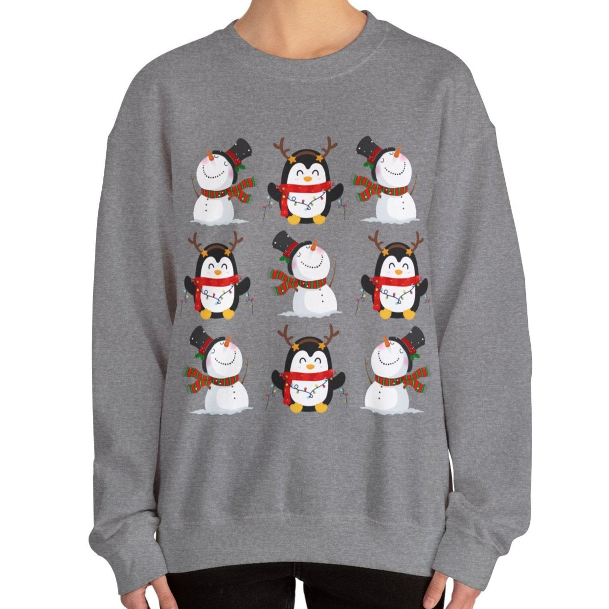 Women’s Heavy Sweatshirt – Snowmen and Penguins Pattern | Cozy and Festive Winter Pullover