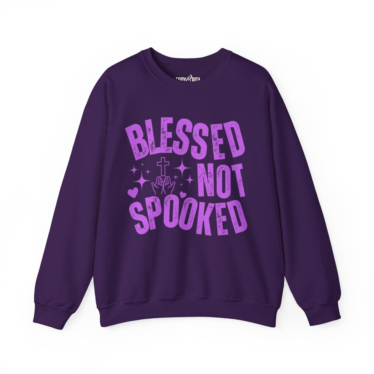 Eddy and Rita Women's Heavy Crewneck Sweatshirt - "Blessed Not Spooked" Christian Halloween Graphic Pullover