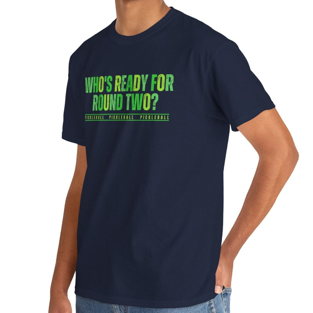 Eddy and Rita Men's Heavy Cotton T-Shirt - "Who's Ready for Round Two Pickleball" Graphic Tee for Pickleball Enthusiasts