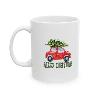 11 oz Ceramic Mug – “Merry Christmas Car with Tree” | Festive and Playful Holiday Coffee Cup