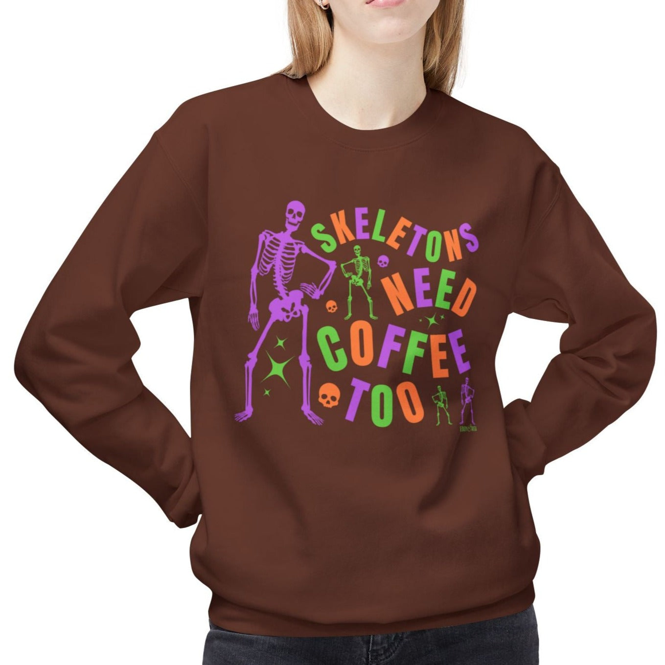 Eddy and Rita Women's Midweight Crewneck Sweatshirt - "Skeletons Need Coffee Too" Halloween Graphic Pullover